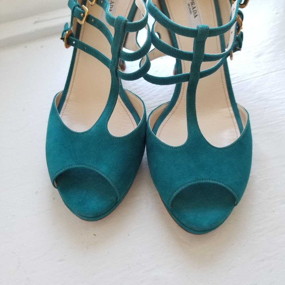 Prada Leather T-strap Open Toe Heels Teal - Picture 6 of 6